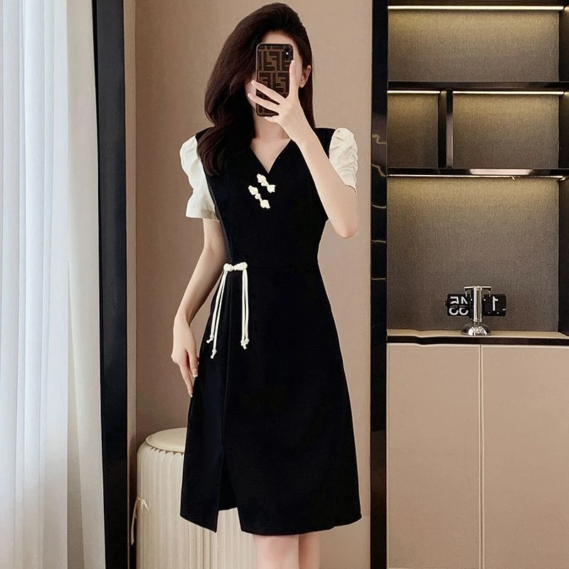 大码女装高级感新中式国风连衣裙夏季新款气质时尚百搭开叉小黑裙