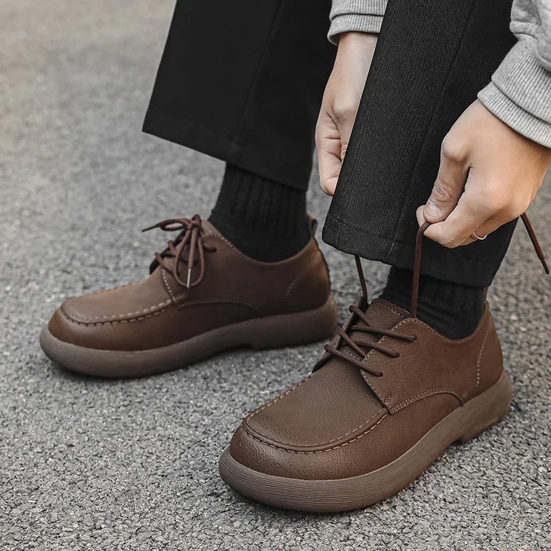 春秋男士皮鞋韩版单鞋时尚潮鞋青年潮流休闲鞋系带百搭厚底男鞋子