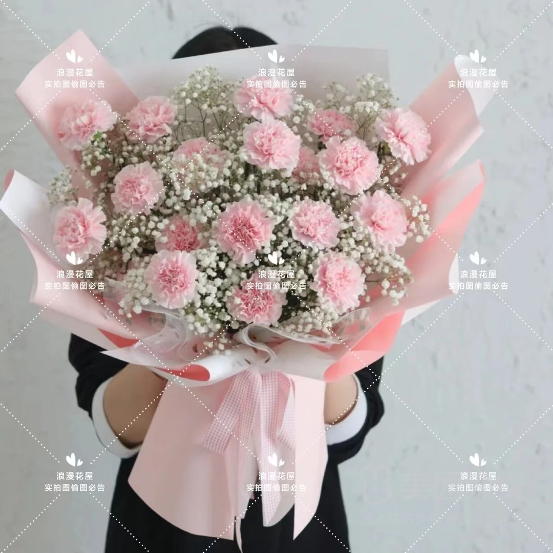 【温柔如你】19朵粉色康乃馨+白色满天星花束 花店送花上门 送母亲 送婆婆 送同事 送朋友