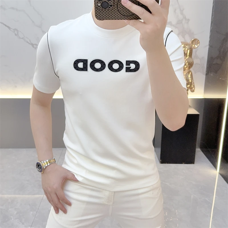 2025秋季新款时尚字母印花烫钻圆领短袖修身百搭休闲T恤男潮1028