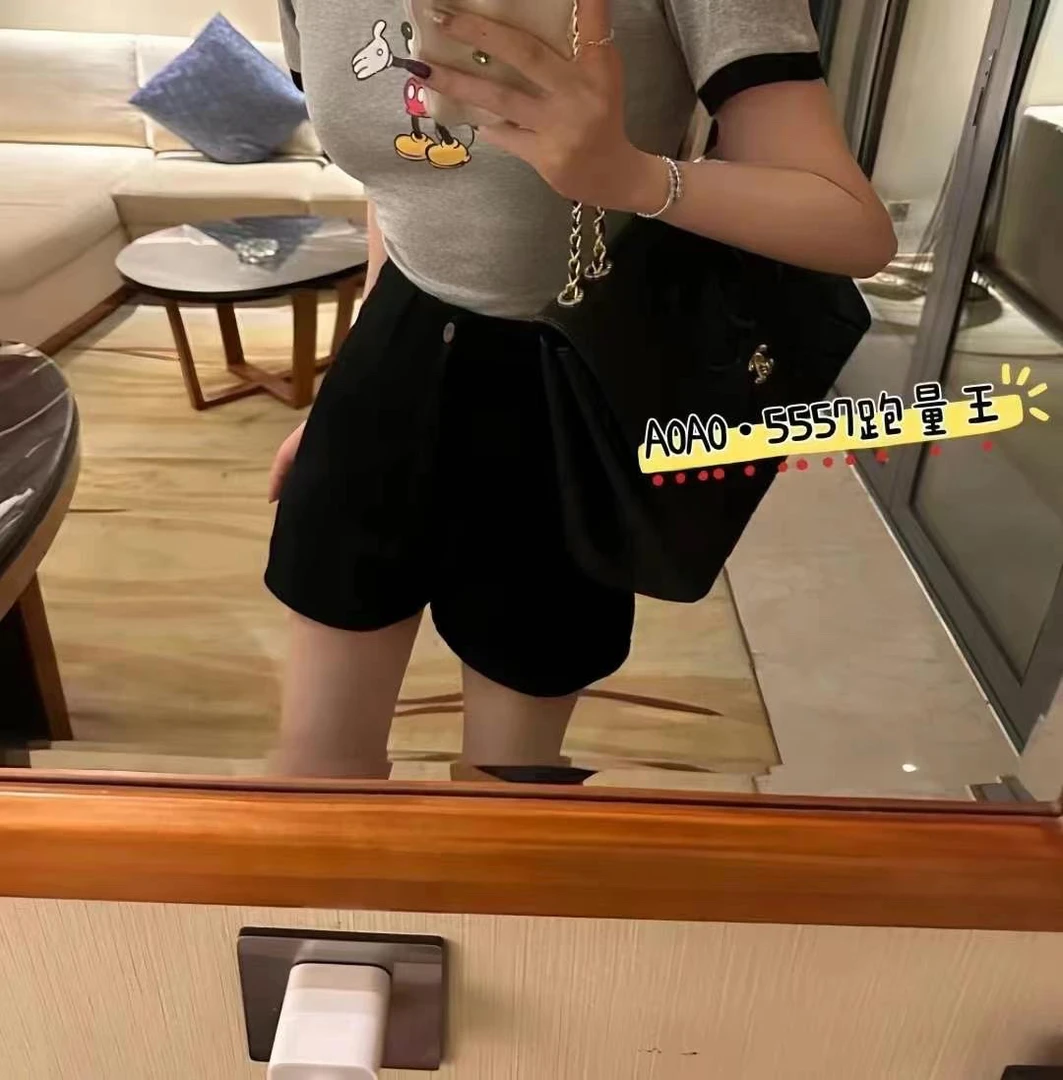 （5557）直筒裤夏季高弹力中腰短裤女装简约黑色阔腿弹力潮流时尚
