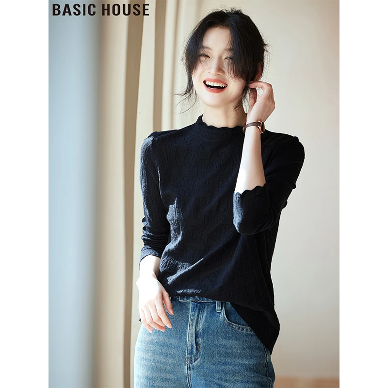 Basic House/百家好黑色木耳边气质修身内搭针织衫女2025秋季新款