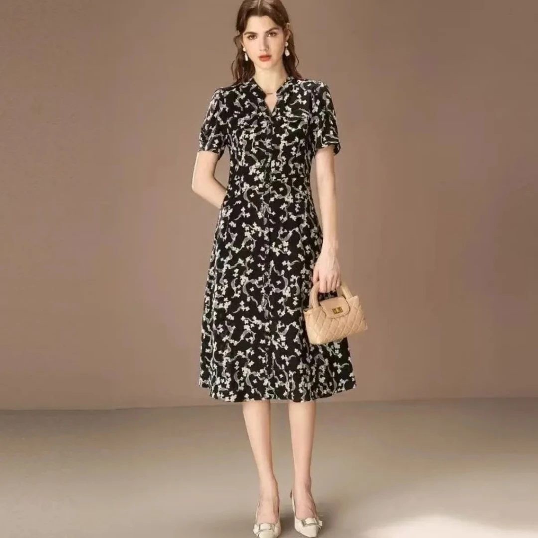 【H8F】娟子优选B-491连衣裙新款中长款收腰气质显瘦碎花短袖裙子