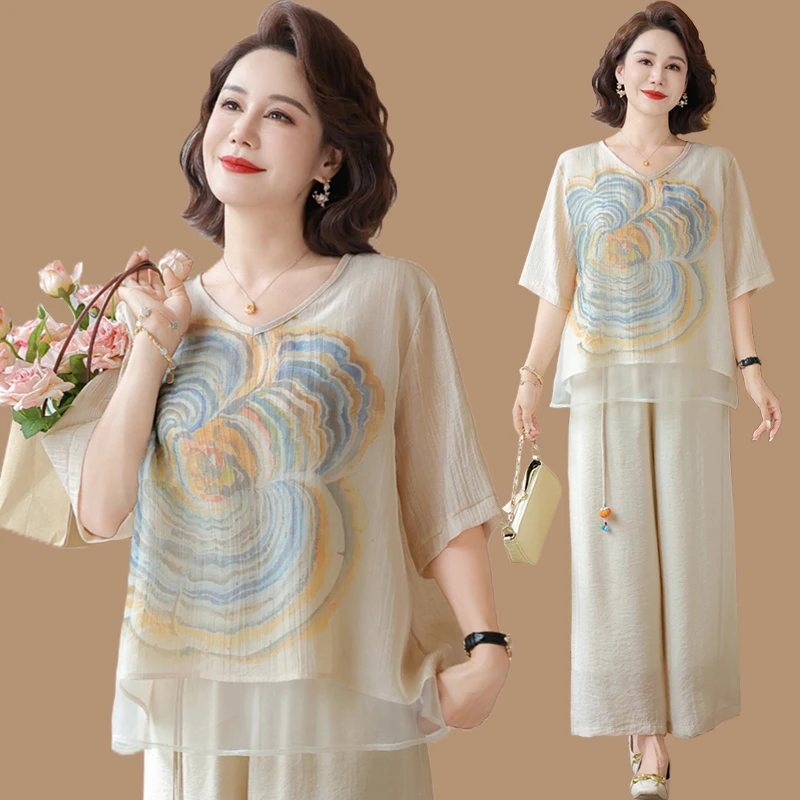 中老年人女装套装妈妈夏装国风新中式宽松小衫短袖恤上衣两件套