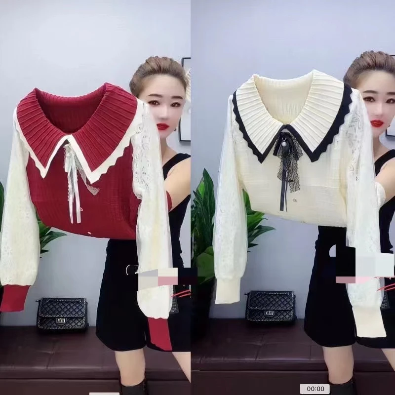 气质拼接长袖毛针织衫百搭娃娃针织衫洋气镂空上衣时尚女春季