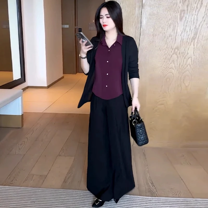 时尚套装女2025秋季新款拼接衬衫假两件显瘦上衣气质休闲两件套潮