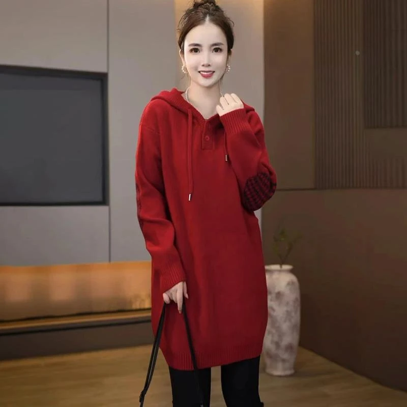 时尚休闲连帽针织衫毛衣女装2024秋冬新款中长款慵懒宽松显瘦上衣