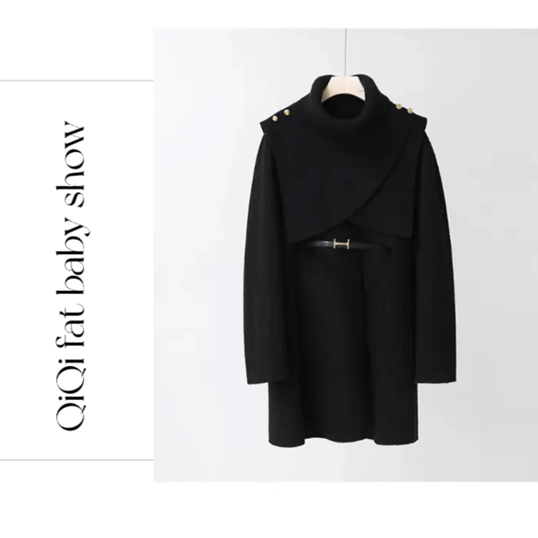 【QIQI】大码毛呢外套斗篷披肩胖mm显瘦遮肉中长款两件套大衣