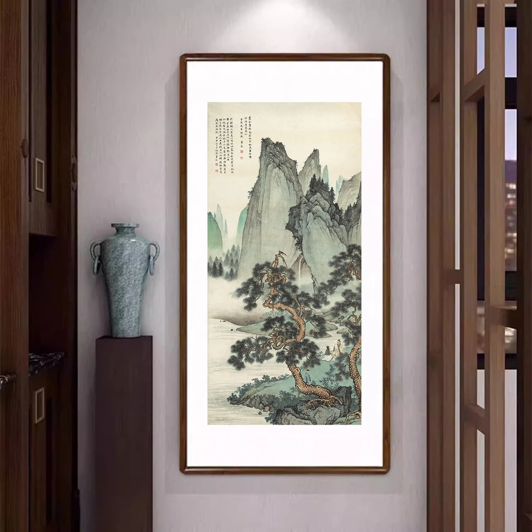 山水画松泉图新中式客厅玄关装饰画办公室书房走廊过道竖版挂画