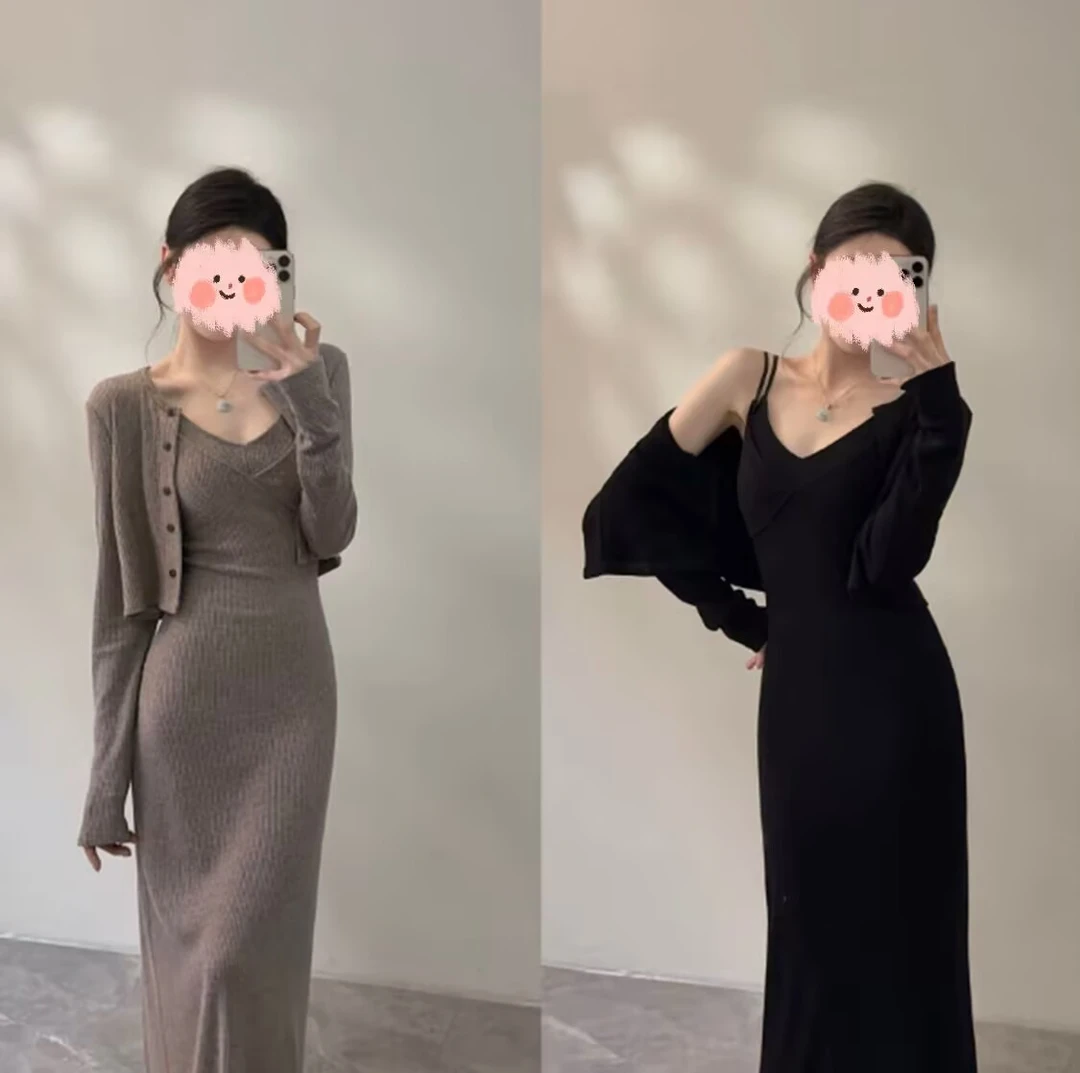 韩系时尚套装秋季休闲慵懒风开叉收腰法式长款连衣裙吊带裙＋开衫