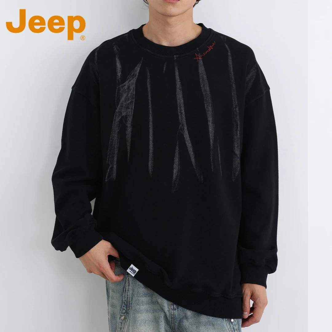 JEEP吉普重磅纯棉刺绣卫衣男款春秋季美式潮牌宽松休闲长袖上衣服