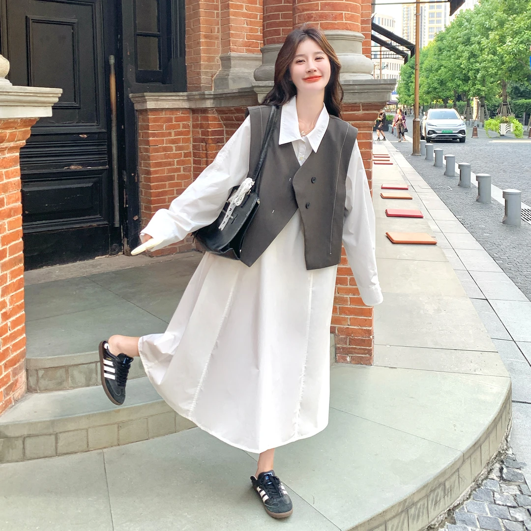 法式秋季皮马甲气质衬衫小个子套装女2025早秋新款收腰显瘦两件套