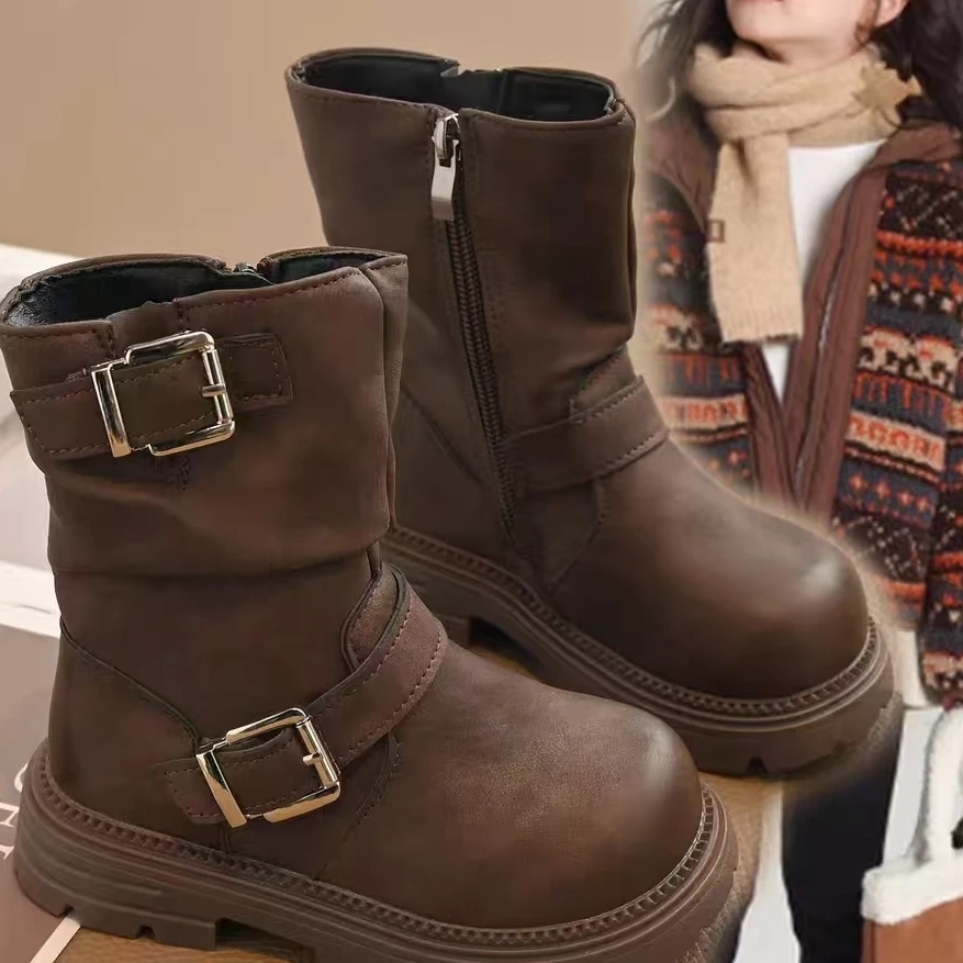 女童秋冬新款加绒英伦风中筒马丁靴保暖皮靴儿童时尚休闲百搭1688