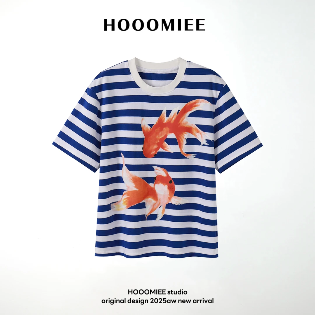 Hooomiee金鱼印花蓝白条纹休闲百搭女士T恤短袖Q6