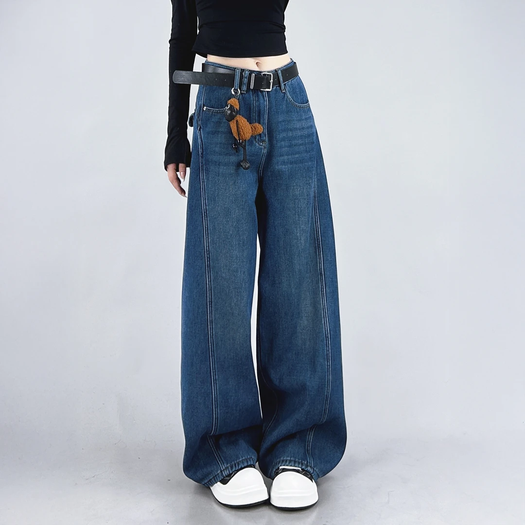 复古水洗阔腿牛仔裤女秋冬加绒裤子设计感高腰显瘦宽松百搭直筒裤