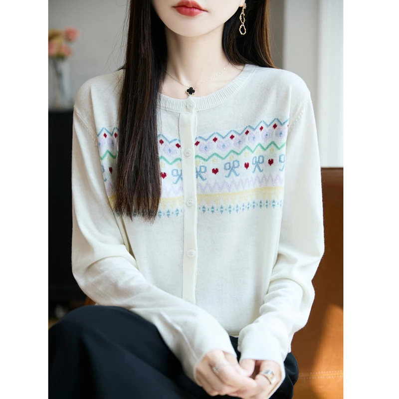 哥弟阿玛施正品春秋季小清新风圆领提花羊毛针织开衫长袖针织上衣