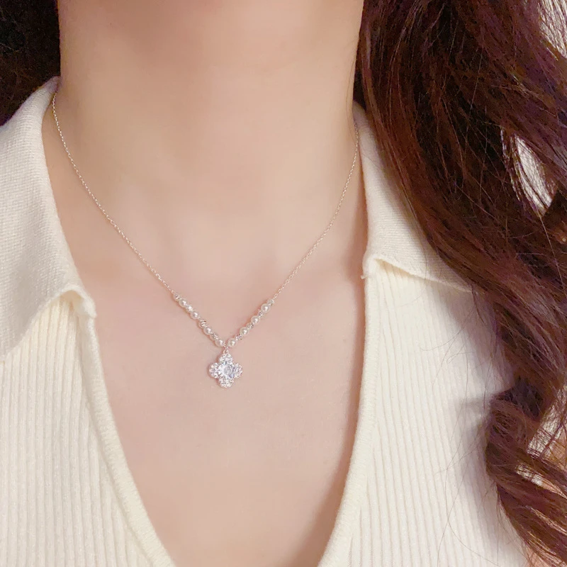 铜合金仿珍珠项链 夏季新款气质时尚百搭超闪厚银满锆四叶花项链