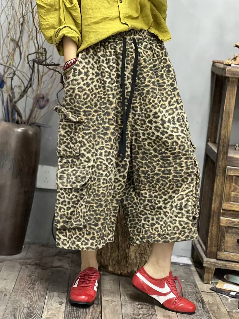 XJ 秋季新品豹纹口袋工装休闲百搭女士裤子 臀围130长70