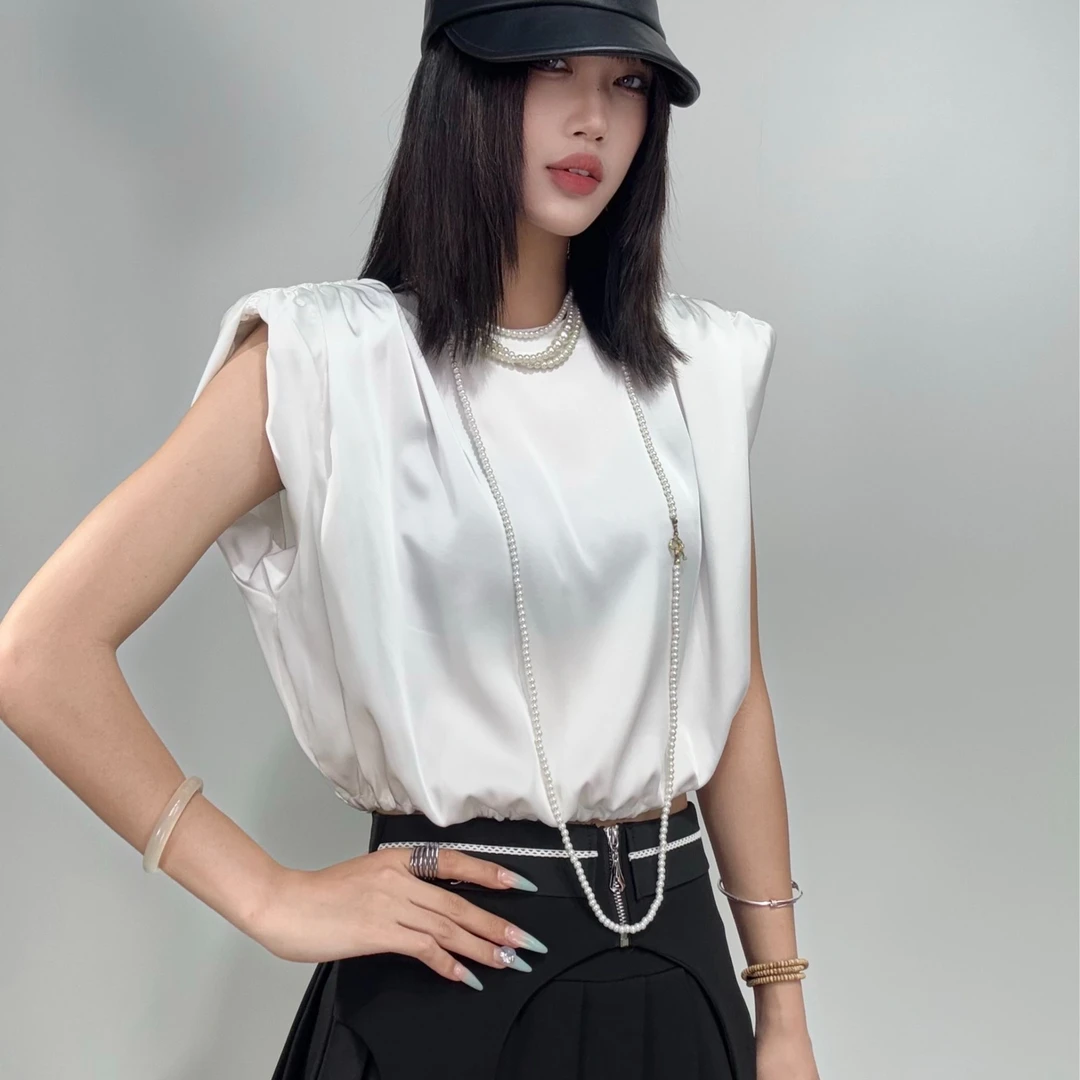 89709#25年夏季新款肩部抽褶简约显瘦气质小飞袖洋气百搭无袖上衣