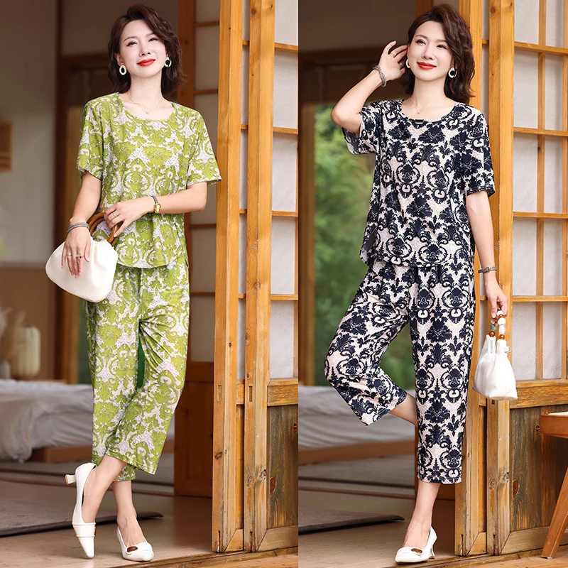 妈妈短袖两件套装减龄洋气中老年女装夏装新款宽松大码T休闲时尚
