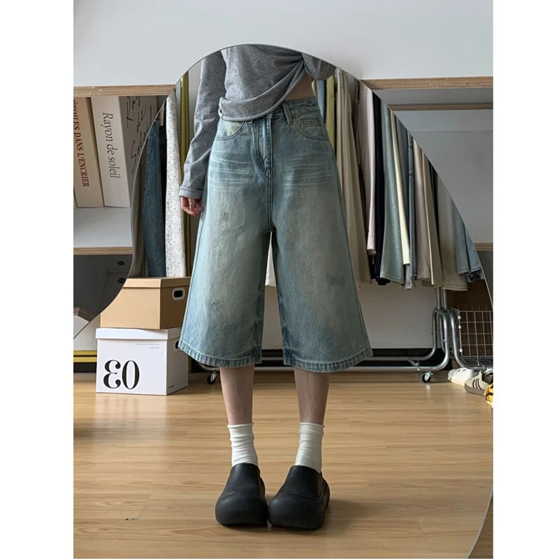 美式复古七分牛仔短裤女夏季新款高腰宽松阔腿显瘦百搭直筒中裤子
