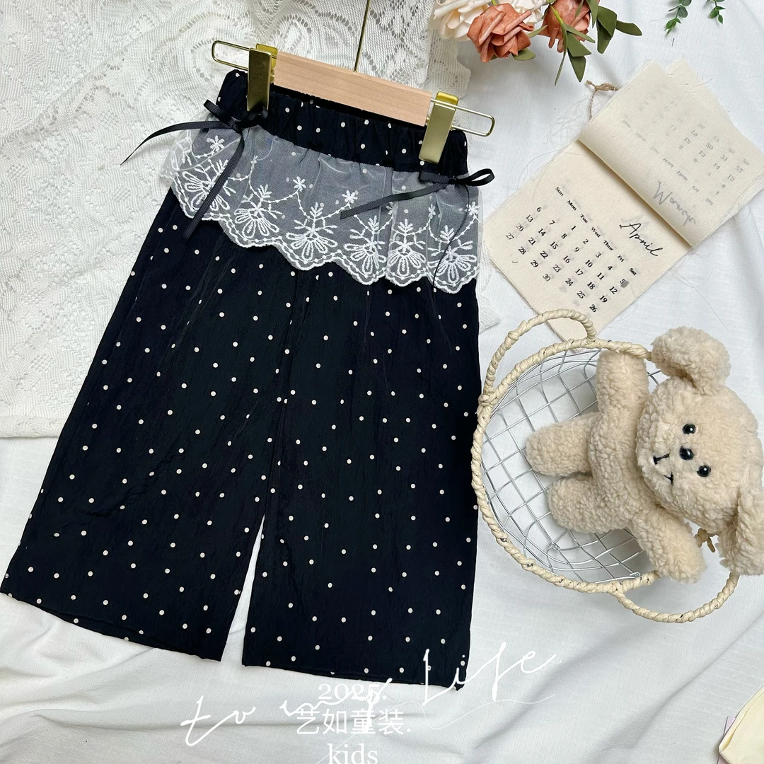 番茄家*【波点控】夏季上新黑色波点蕾丝蝴蝶结裤子D-W436