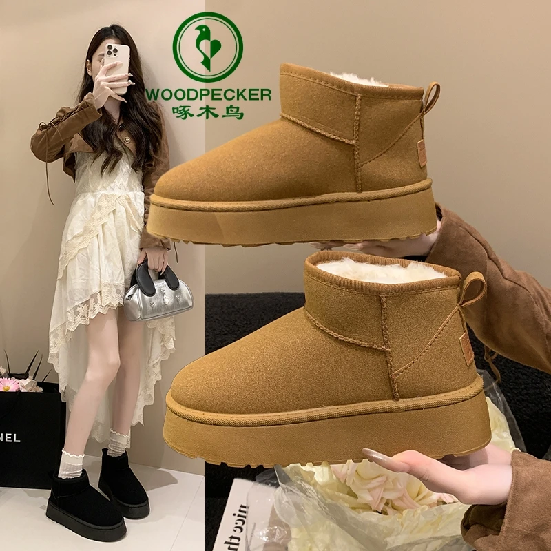 woodpecker/啄木鸟厚底雪地靴冬季新款防滑保暖棉鞋女加绒加厚靴