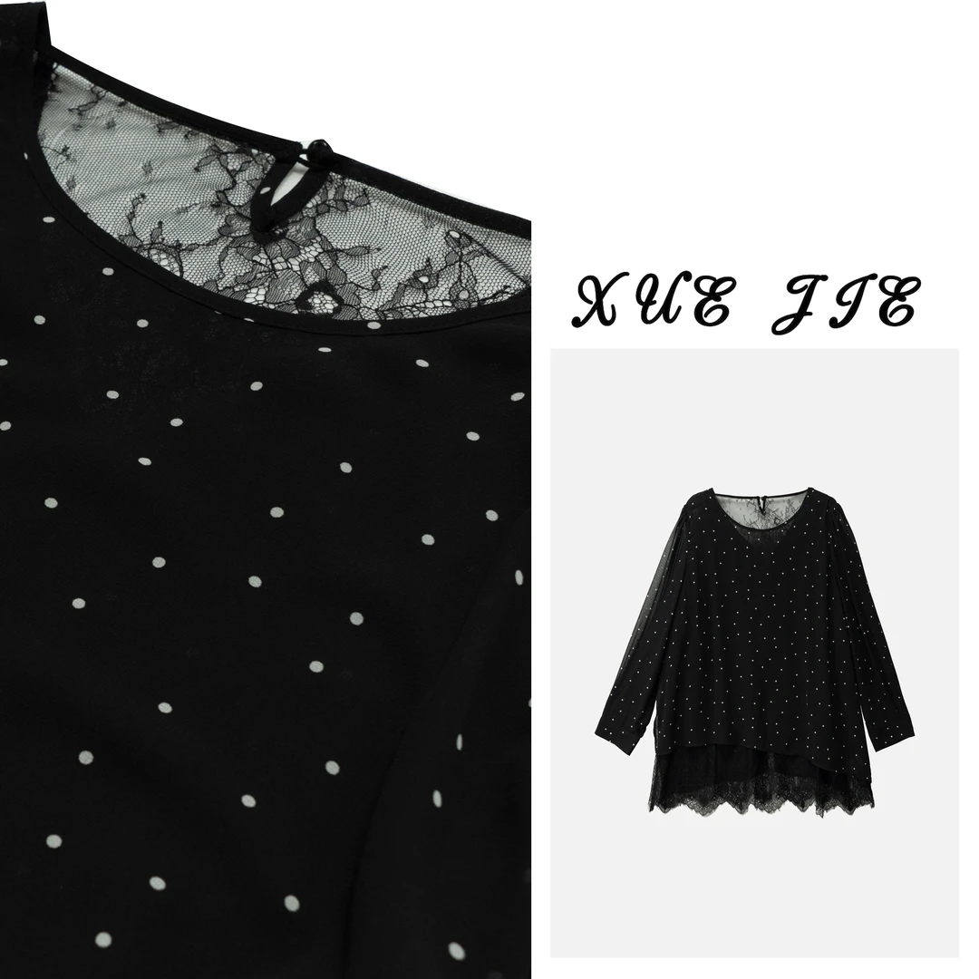 逸焰【雪姐波光点点】-90821小众时尚百搭V烫钻波点长袖衬衫