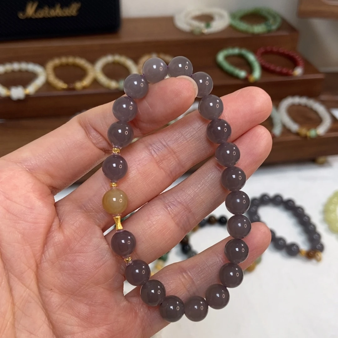 和田玉18K金镶嵌手链8mm冰葡萄紫