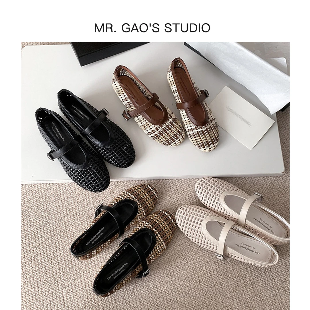 内增4cm夏季透气镂空浅口单鞋内增高真皮编织软底粗跟时尚女鞋