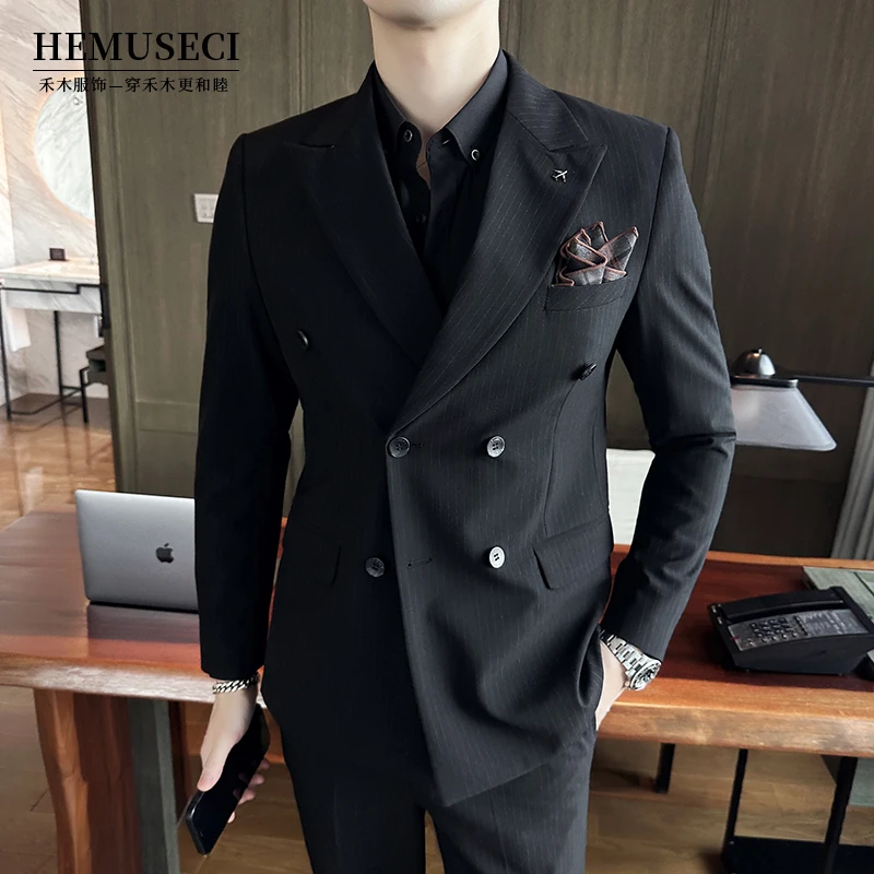 高端双排扣西服套装男士帅气小西装条纹商务正装戗驳领宴会英伦风