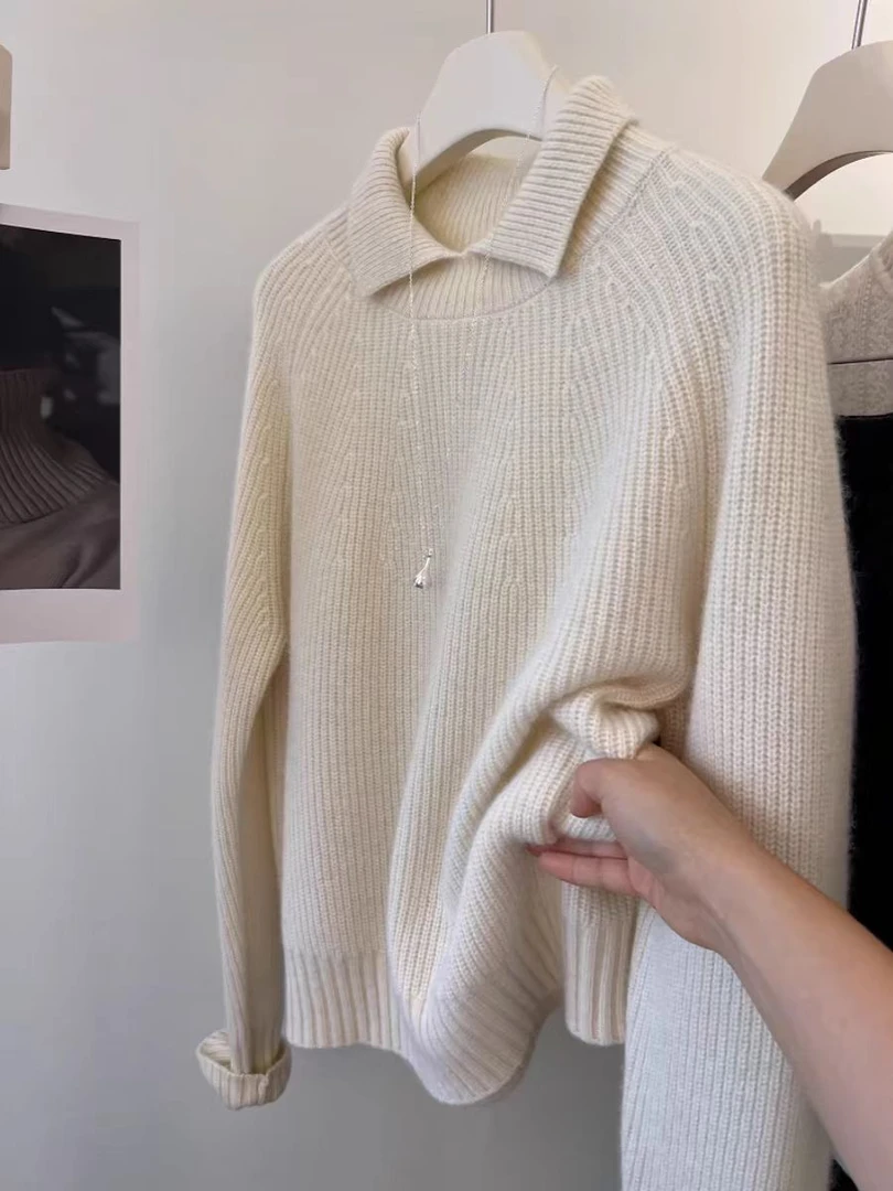 韩版时尚百搭显瘦翻领针织小衫春秋爆款气质宽松遮肉减龄毛衣