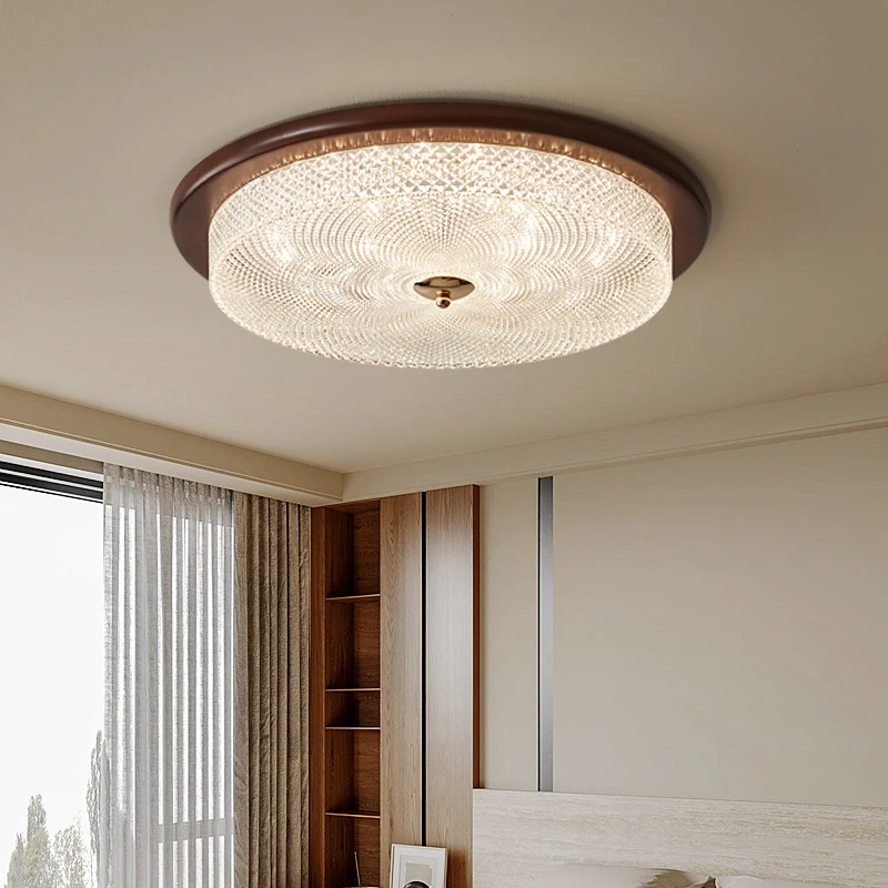 中古风卧室灯新中式复古胡桃色木纹吸顶灯高级感轻奢主卧房间灯具