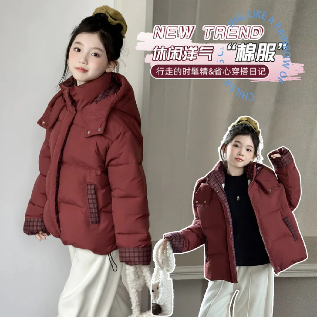 女童冬季新款酒红色格子拼接棉服连帽加厚外套保暖韩系百搭冬装