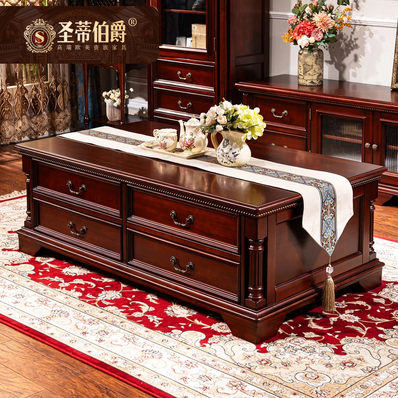 美式乡村实木带抽长茶几客厅茶台咖啡桌家用长方形茶桌欧式储物柜