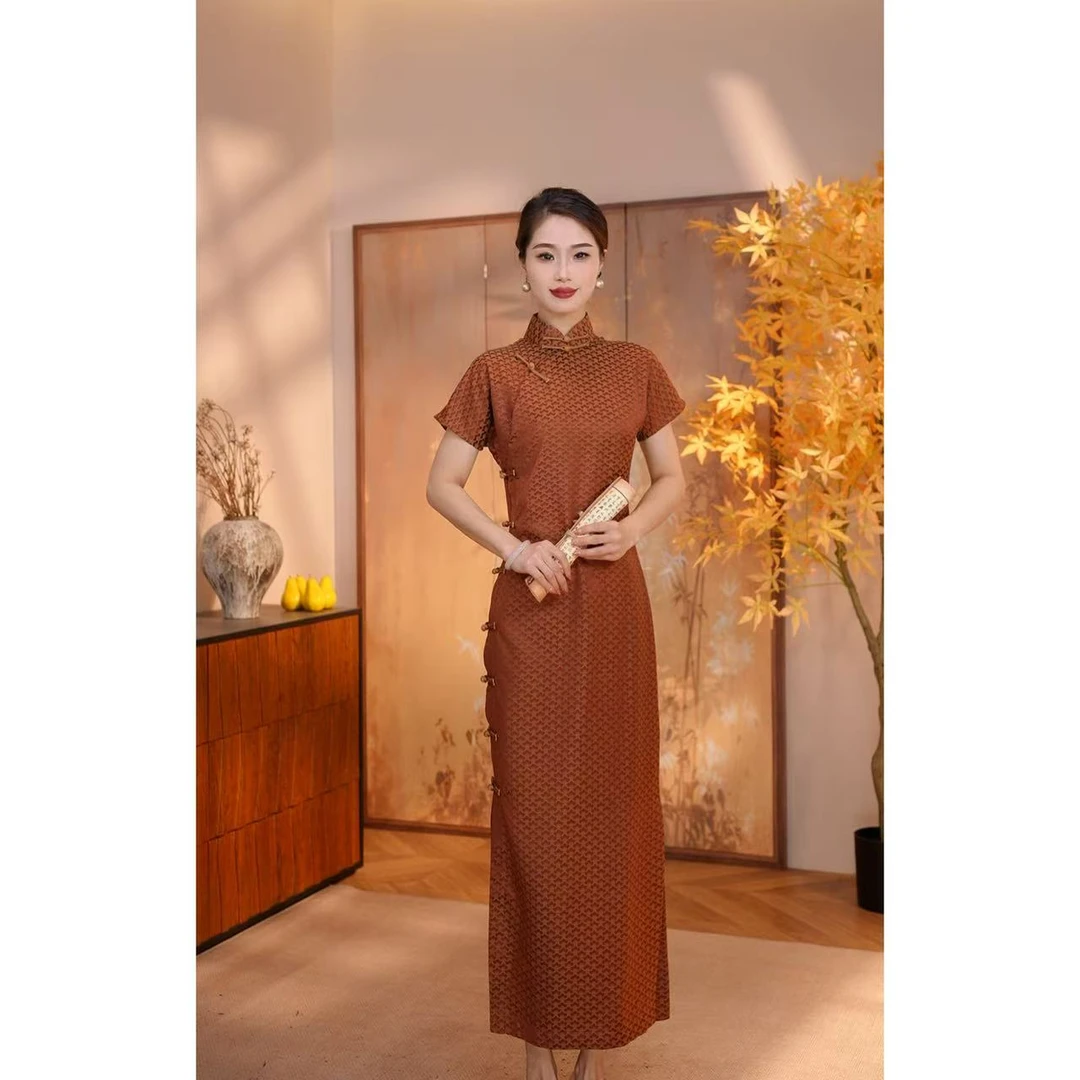 【旗袍美人】全开襟衣长130夏季新款古法短袖长款高档旗袍