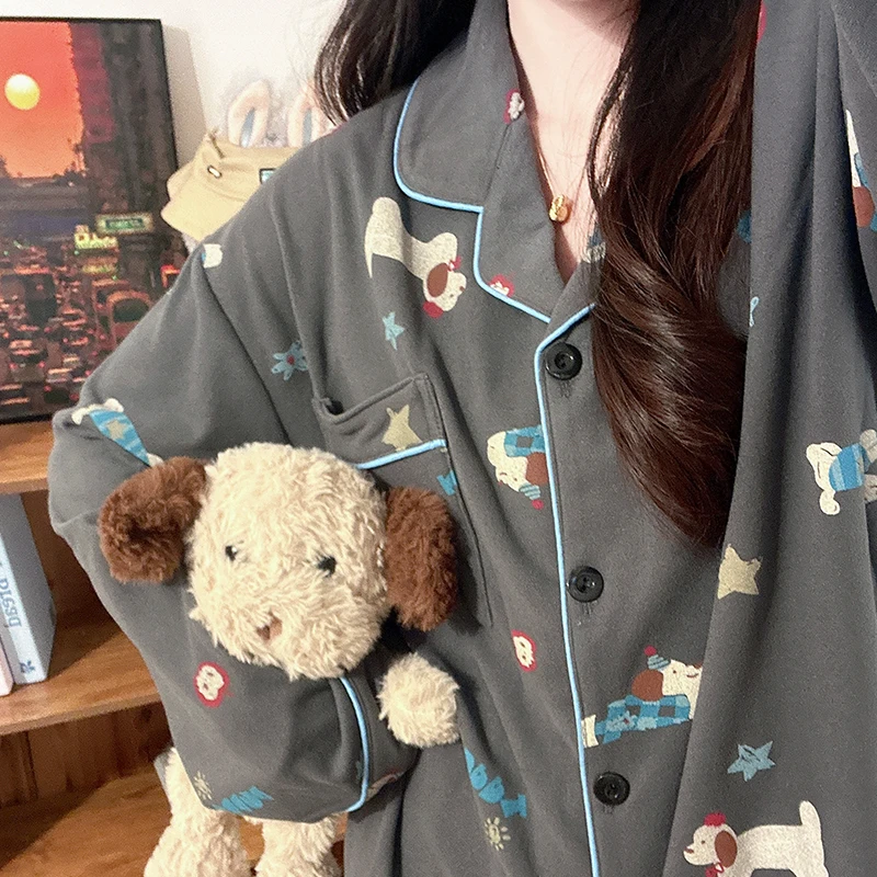 碳灰黑皮狗狗睡衣女秋冬季长袖长裤甜美高级感德绒保暖家居服套装