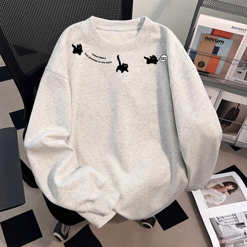 Dekkry潮流百搭趣味猫咪印花秋冬纯棉长袖t恤男女圆领情侣装上衣