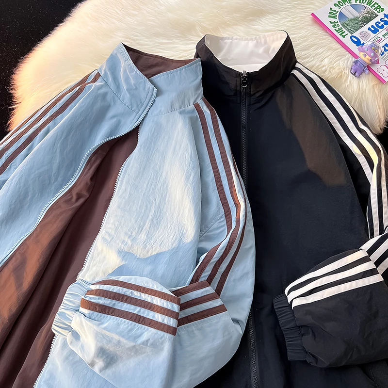 拉夏贝尔三条杠撞色外套男春秋季休闲夹克潮牌帅气青少年情侣上衣