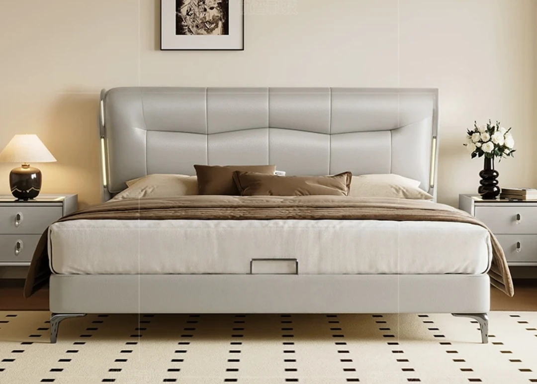 欧式松木大床生态真皮压花工艺主卧双人床软靠可定制尺寸轻奢简约