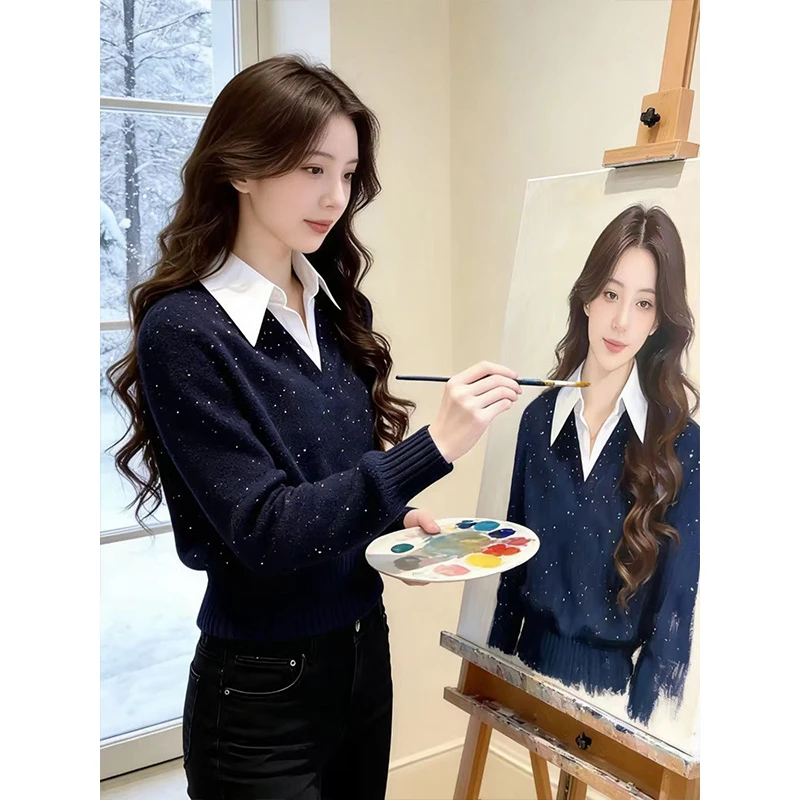 小香风撞色假两件亮片针织衫女2026春新款高级感显瘦百搭毛衣5039