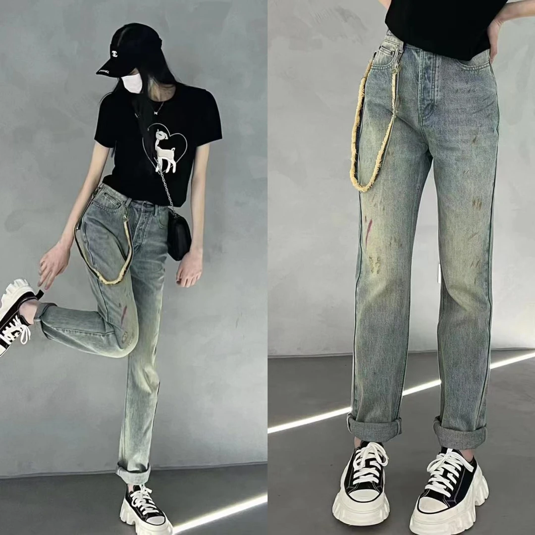 不理理 「迷情老街」夏季女装牛仔做旧设计翻边牛仔长裤
