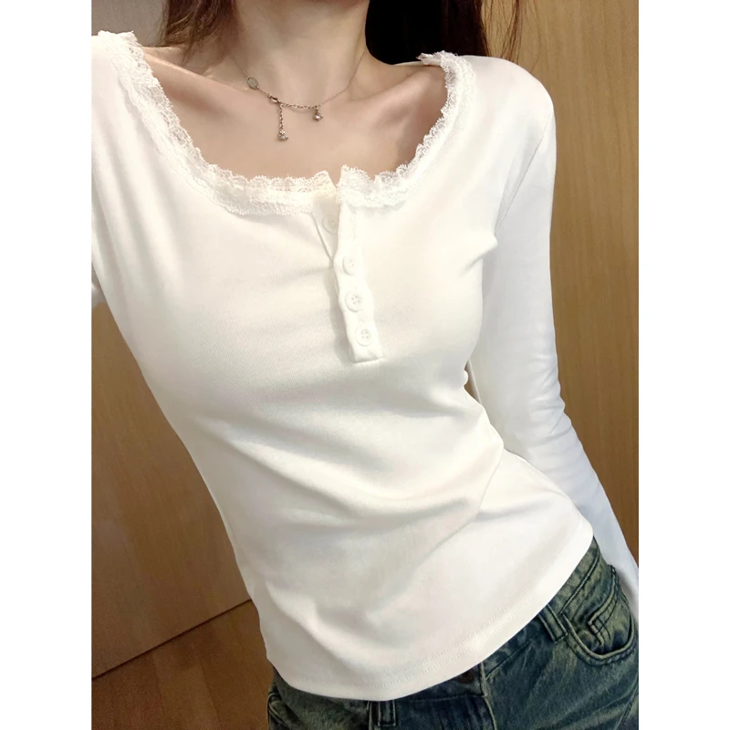 秋季新款绝美纯欲蕾丝花边显瘦打底衫女内搭长袖T恤正肩方领上衣