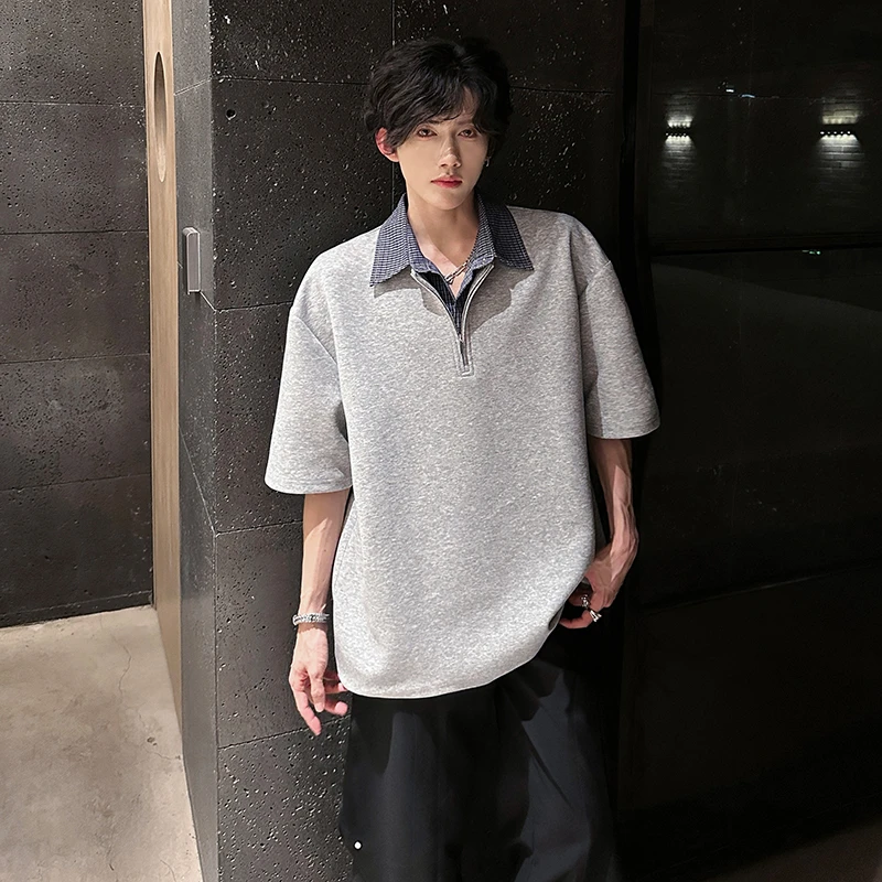 cleanfit美式假两件拼接格子t恤男夏季设计感POLO衫重磅翻领半袖
