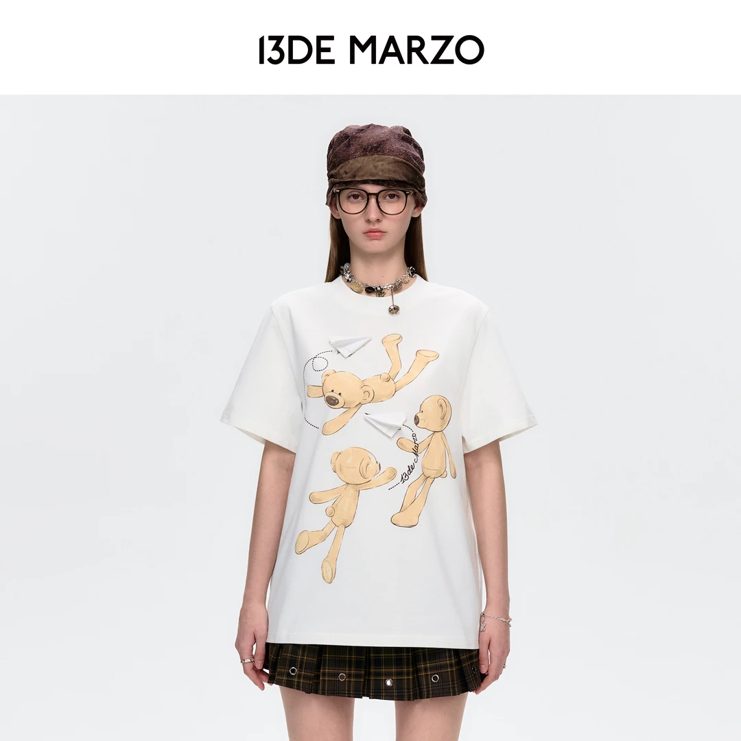 13DE MARZO男女同款 25春夏新款纸飞机小熊短袖百搭棉质宽松T恤