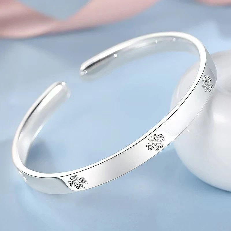 足银手镯 623四叶草手镯足银999气质轻奢时尚开口民族风