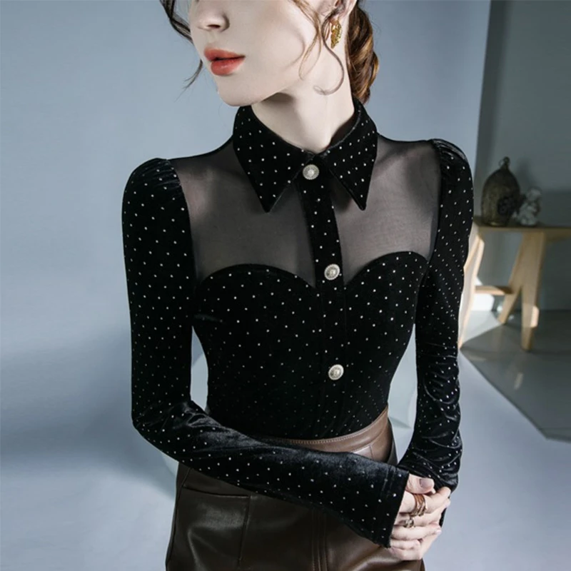 YLY#波点网纱接丝绒T恤上衣微透秋冬新款女人味内搭打底衫DY-DF55