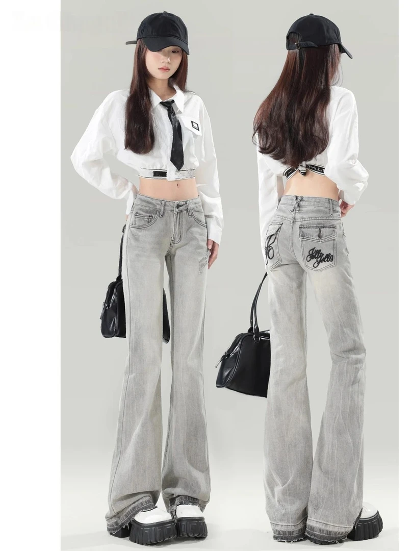 美式辣妹低腰微喇牛仔裤女夏季新款高街显瘦刺绣做旧拖地喇叭裤子