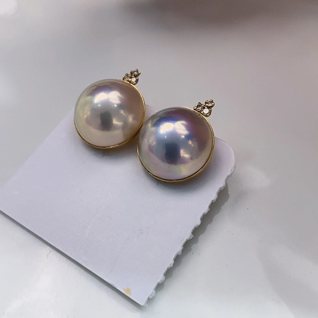 18K金镶嵌新货日本原单极光粉泡泡耳饰拼合珍珠（马贝珠）