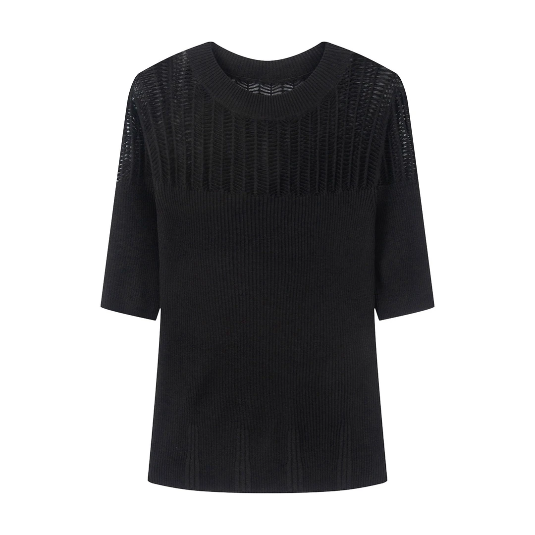 【艾家商场同款】2025秋季新款气质七分袖镂空透气针织衫上衣3117